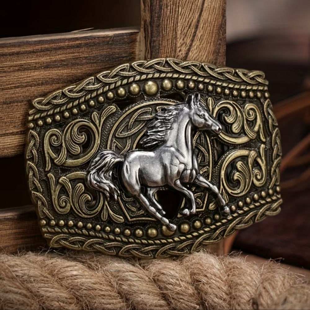 New Western Horse Belt Buckle Gold Silver Tone Running Horse Cowboy Rodeo